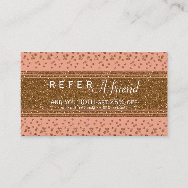 Peachy Pink & Gold Confetti Referral Client Card (Front)