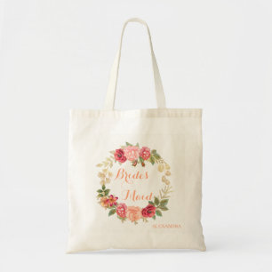 Peachy pink gold roses wreath wedding bridesmaid tote bag