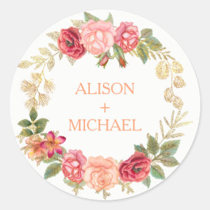 Peachy pink gold roses wreath wedding classic round sticker