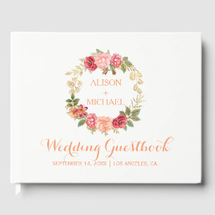 Peachy pink gold roses wreath wedding guestbook