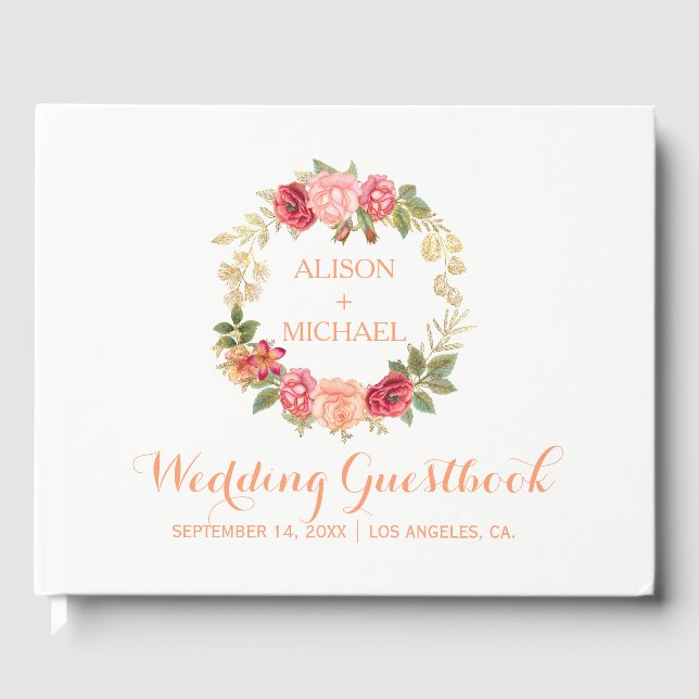 Peachy pink gold roses wreath wedding guestbook (Front)