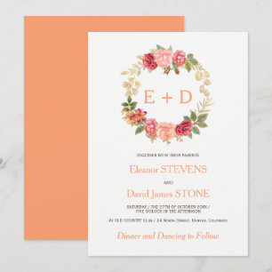 Peachy pink gold roses wreath wedding monogram invitation
