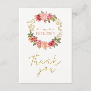 Peachy pink gold roses wreath wedding thank you