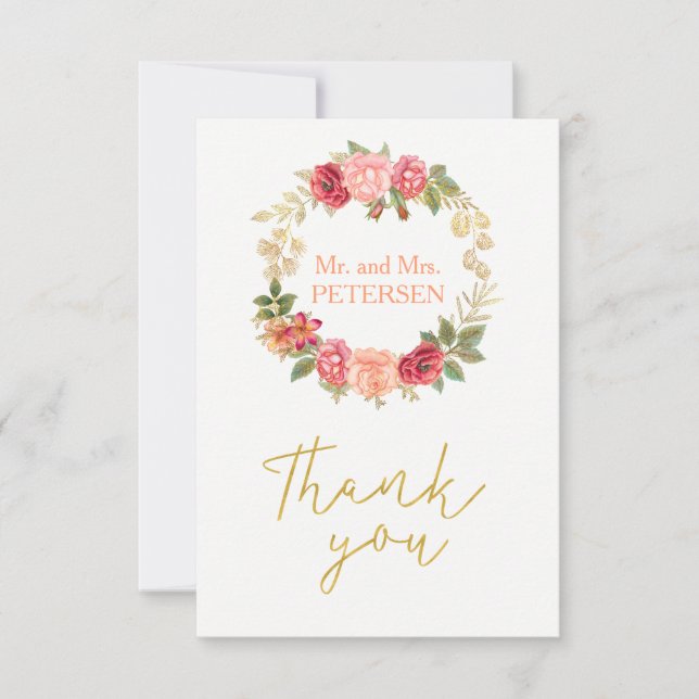 Peachy pink gold roses wreath wedding thank you card (Front)