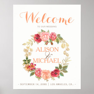 Peachy pink gold roses wreath wedding welcome sign