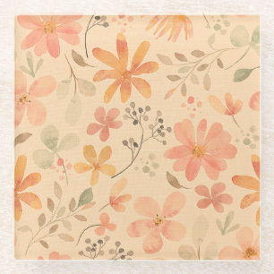 Peachy--pink golden floral pattern glass coaster