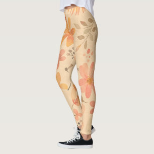 Peachy-Pink Golden Floral Pattern Leggings