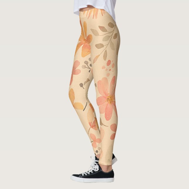 Peachy-Pink Golden Floral Pattern Leggings (Left)