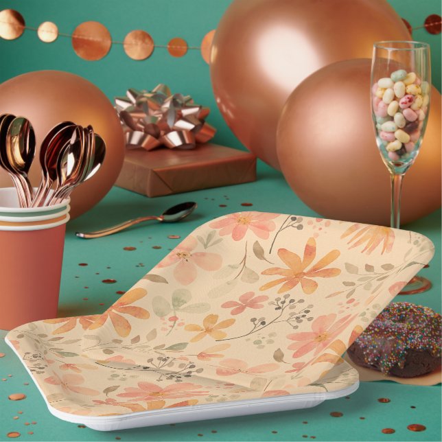 Peachy--pink golden floral pattern paper plate (Multi)