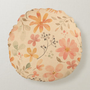 Peachy--pink golden floral pattern round cushion