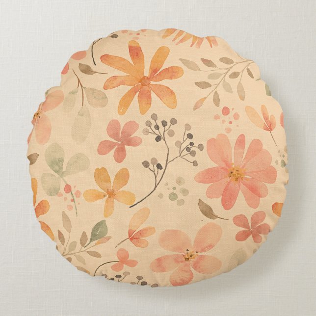 Peachy--pink golden floral pattern round cushion (Front)