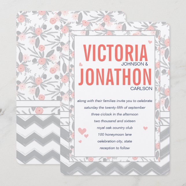 Peachy Pink Grey Flora and Fauna Wedding Invitation (Front/Back)