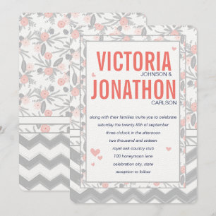 Peachy Pink Grey Flora and Fauna Wedding Invitation