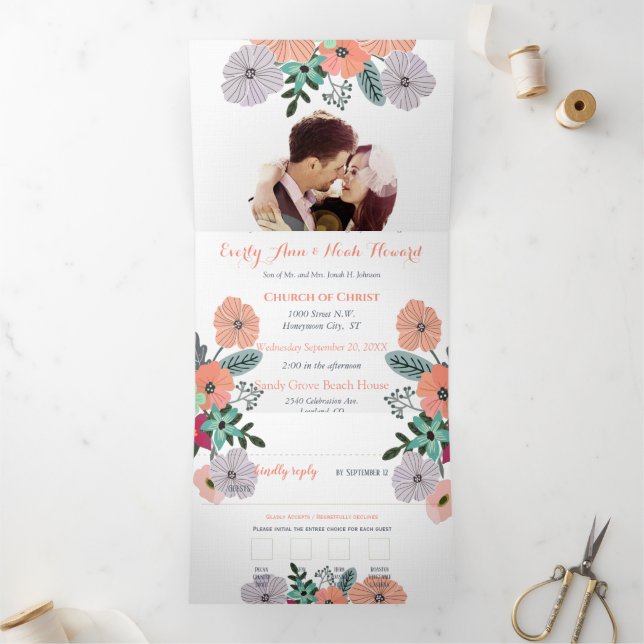 Peachy Pink Lavender Green Floral Wedding Tri-Fold Invitation (Inside)