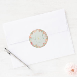 Peachy Pink & Mint Spring Tulips Initial Classic Round Sticker