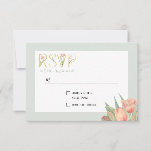Peachy Pink & Mint Spring Tulips RSVP Card (Front)