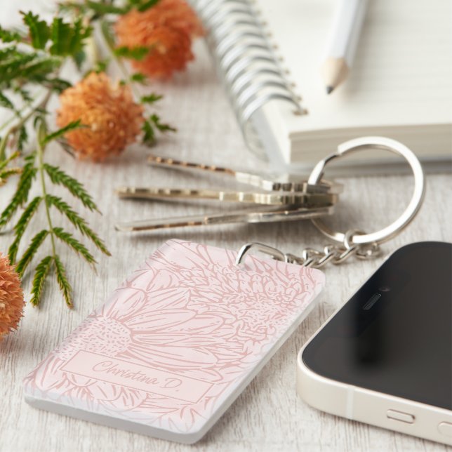 Peachy Pink on Grunge Pink Chrysanthemums Photo Key Ring (Front Right)