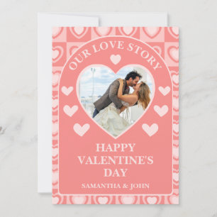 Peachy Pink Retro Hearts Photo Valentine’s Card