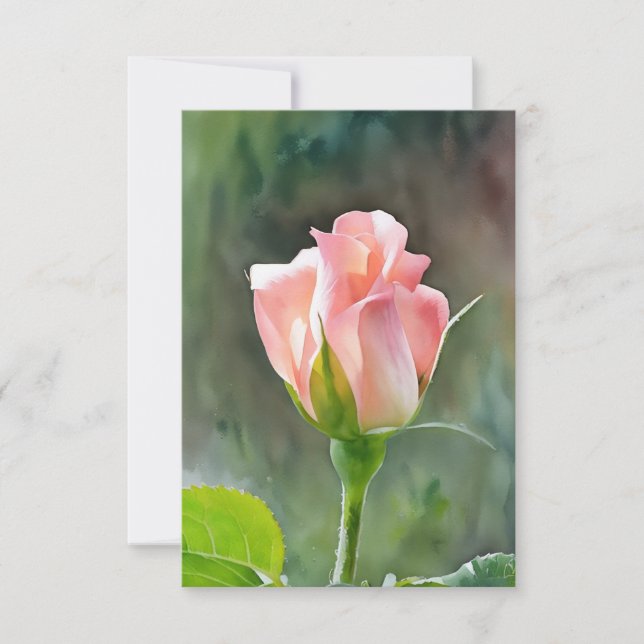 Peachy Pink Rose Bud Art Flat Note Card (Front)