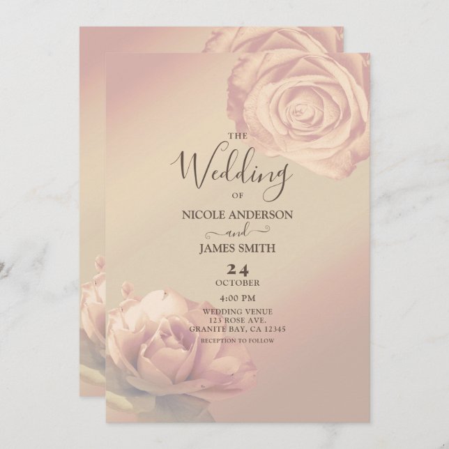 Peachy Pink Roses Elegant Floral Wedding  Invitation (Front/Back)