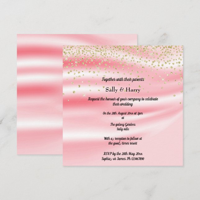 Peachy Pink Satin Sparkle Gold Invitation (Front/Back)