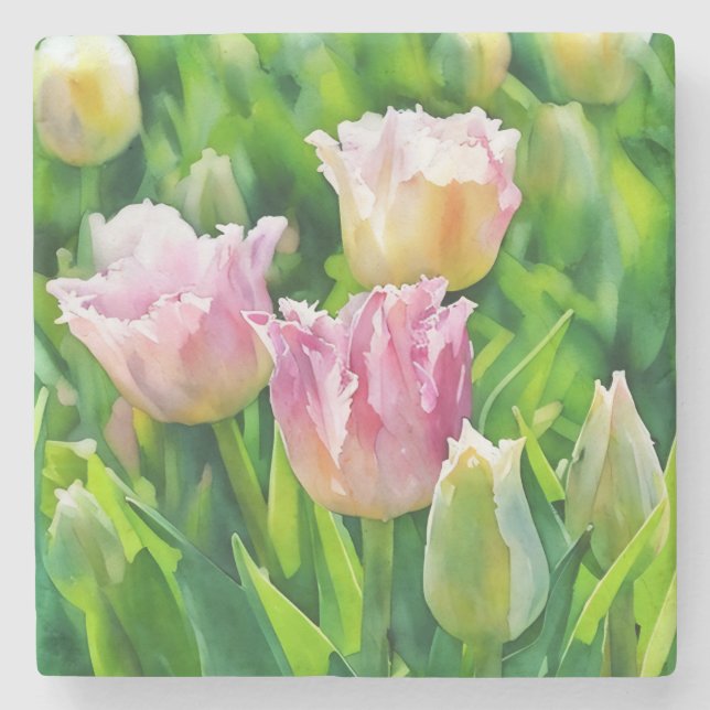 Peachy Pink Tulip Garden Art Marble Stone Coaster (Front)