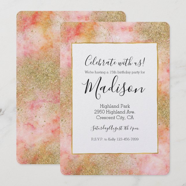 Peachy Pink Watercolor Gold Faux Glitter Invitation (Front/Back)