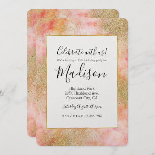 Peachy Pink Watercolor Gold Faux Glitter Invitation