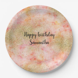 Peachy Pink Watercolor Gold Faux Glitter Paper Plate