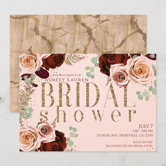 Peachy Rose Gold Pink Burgundy Roses Bridal Shower Invitation (Front/Back)
