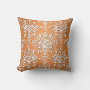 Peachy Tangerine and White Floral Damask Cushion