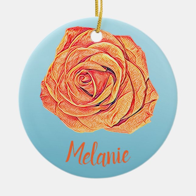 Peachy Tangerine Rose Ceramic Tree Decoration (Front)