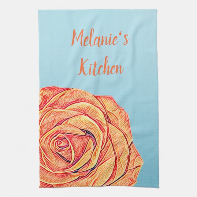 Peachy Tangerine Rose Tea Towel (Vertical)