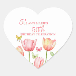 Peachy Watercolor Tulips Floral  Heart Sticker