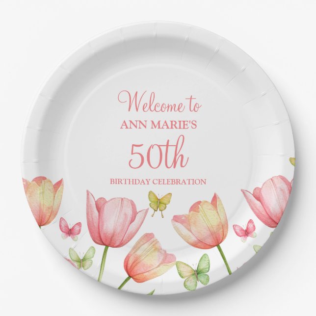 Peachy Watercolor Tulips Floral  Paper Plate (Front)