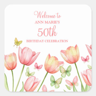 Peachy Watercolor Tulips Floral Square Sticker