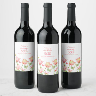 Peachy Watercolor Tulips Floral Wine Label
