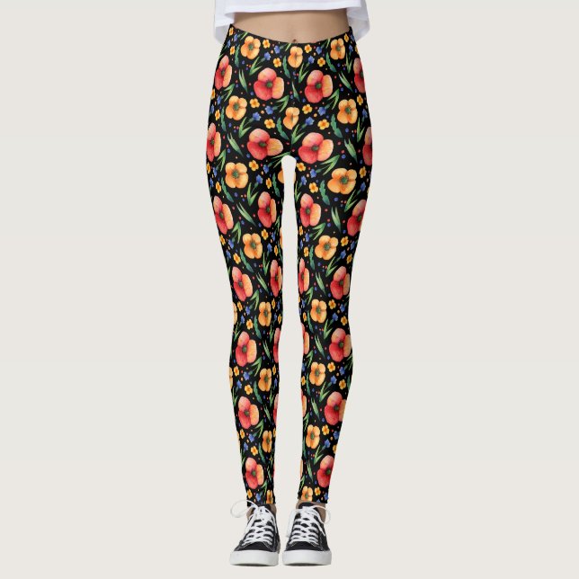 PeachyGold Floral Watercolor Leggings (Front)