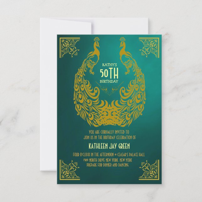 Peacock 1920s Art Deco 50th Birthday Invitation (Front)