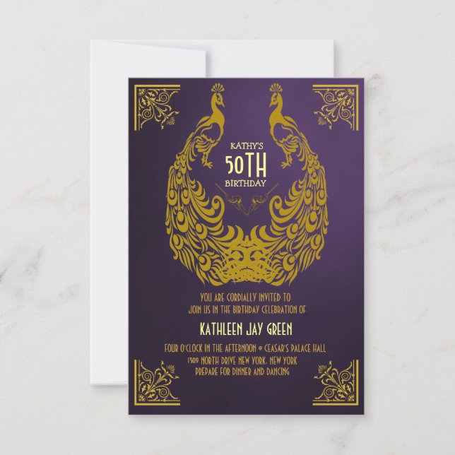 Peacock 1920s Art Deco 50th Birthday Invitation (Front)