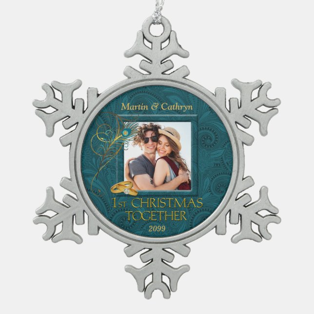 Peacock 1st Christmas Together Photo Snowflake Pewter Christmas Ornament (Front)