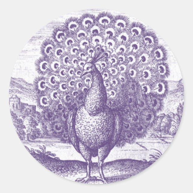 Peacock, a vintage engraving classic round sticker (Front)