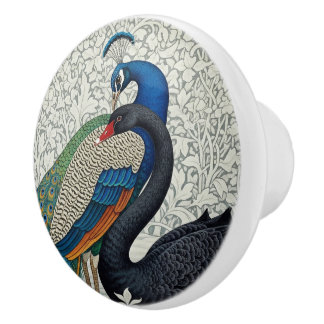 Peacock and Black Swan, W. Morris, Winter Art Ceramic Knob
