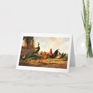 Peacock and chickens holiday card