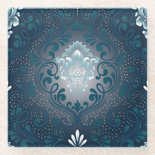 Peacock and Cyan Damask Glass Coaster