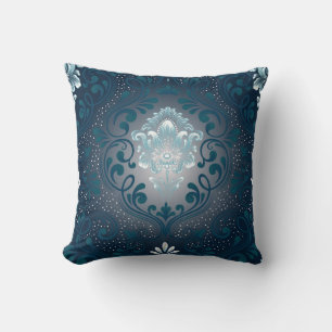 Peacock and Cyan Damask Square Pillow