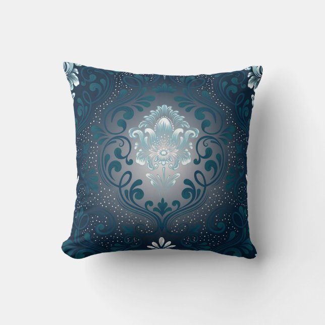 Peacock and Cyan Damask Square Pillow (Front)