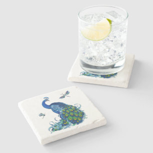 Peacock and Dragonfly Design Set Stone Coaster