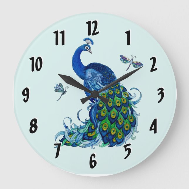 Peacock and Dragonfly Round Clock Design (Front)
