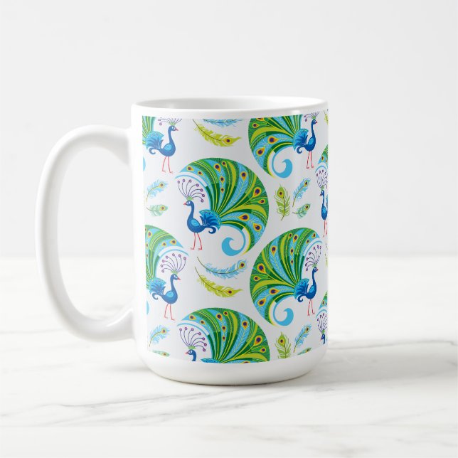 Peacock and Feathers Pattern Coffee Mug (Left)
